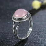 Vintage S925 Sterling Silver Ring Oval Round Natural Rose Quartz Ring Pink Stone Sun Shaped Retro Silver Fine Jewelry For Women - Image 3