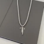 Fashionable Choker with Pendant Graceful Bowknot Pendant Choker Necklace with Gray Pearls Neck Jewelry Accessories - Image 2