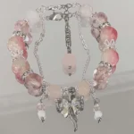 Korean Pink Crystal Flowers Butterfly Pendant Beaded Bracelet For Women Sweet Beaded Chain Bracelet Jewelry Gifts - Image 2