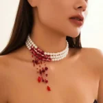 Multilayer Vintage Red Blood Pattern Imitation Pearl Tassel Pendant Necklace for Women Goth Crystal Bead Chain Halloween Jewelry - Image 3