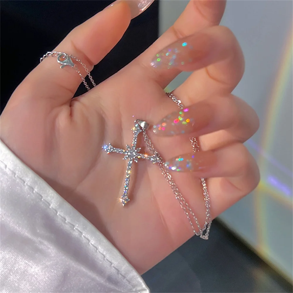 kf-Sa6354d704c2f42078306eaccc650d39cv Elegant Crystal Cross Pendant Necklace Silver Color Star Ladies Necklace Fashion Party Jewelry Women Gift Wholesale - Image 1