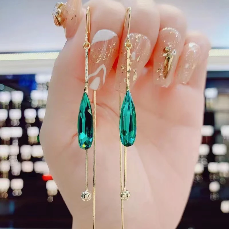 kf-Sae8083977a4c4743a45e04a2b2aba34cF Temperament Green Purple Zircon Earrings Dangle For Women Gold Color Long Tassel Earring Party Wedding Ear Jewelry Girls Gifts - Image 1