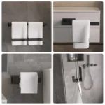 Black Bathroom Hardware Set Self-sticking, Robe Hook Towel Rail Bar Towel Bar Paper Holder Accessories Set without Nails - Image 2