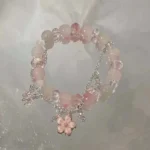 Korean Pink Crystal Flowers Butterfly Pendant Beaded Bracelet For Women Sweet Beaded Chain Bracelet Jewelry Gifts