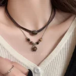Vintage Leather Brown Stone Pendant Necklace Stacking Choker Temperament Clavicle Chain for Women Girl Autumn Winter Necklace - Image 5
