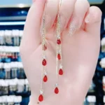 Luxury Temperament Green Zircon Drop Earrings For Women Korean Fashion Long Tassel Rhinestone Earring Wedding Party Jewelry - Image 3