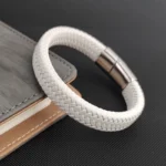 Fashion Simple White Leather Braid Bracelet Stainless Steel Buckle Clasps for Men Handmade Bangle Wholesale Charm Jewelry Gift - Image 4