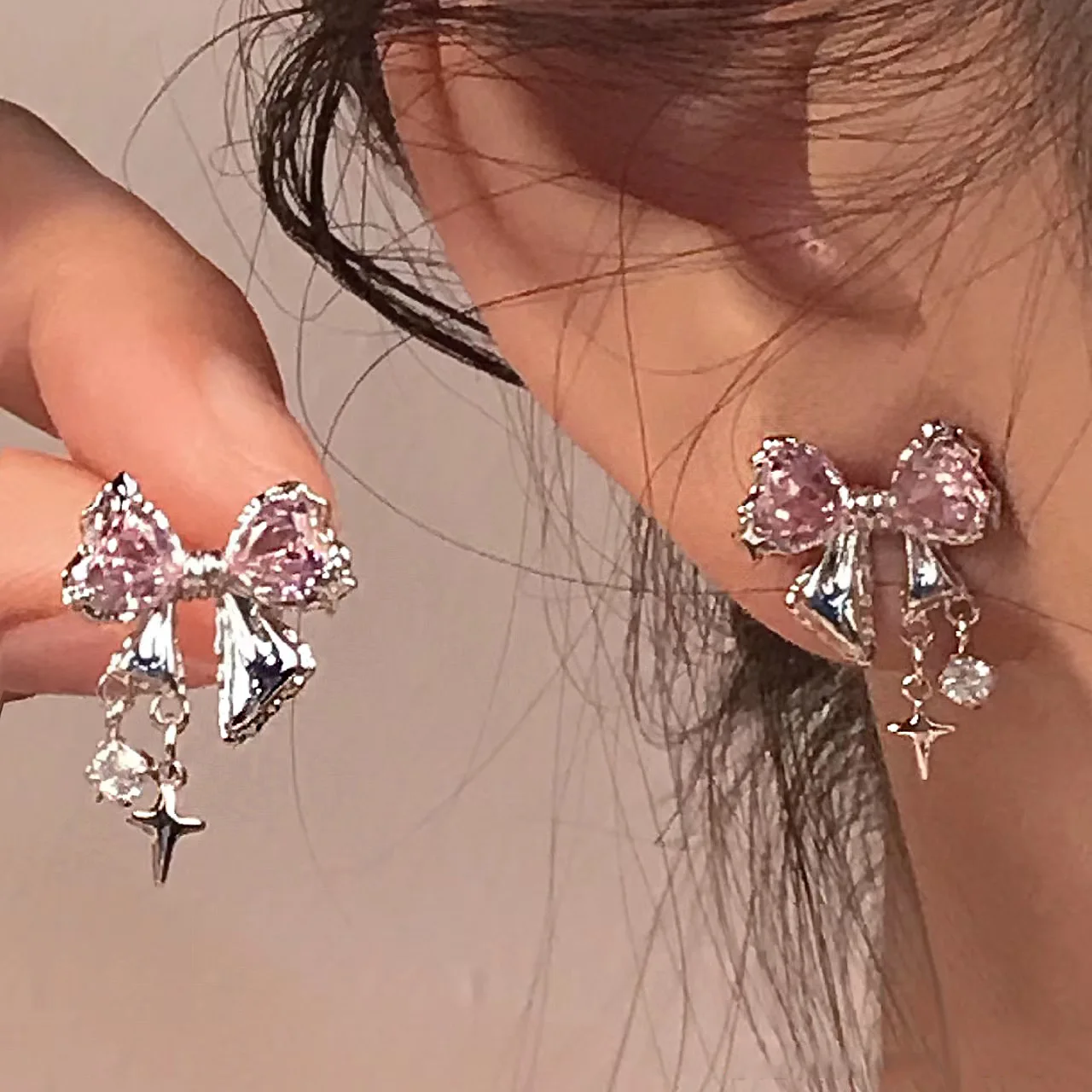 kf-Sd24932f7762c4369b20b54e9c604e07ee New Y2K Bowknot Zircon Stud Earrings for Women Fashion Korean Silver Color Pink Crystal Personality Earring Party Jewelry Gifts - Image 1