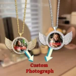 Custom Angel Wing Round Photo Necklace, Personalized Picture Pendant with Tennis Chain, Unisex Memory Jewelry for Men & Women - Image 3