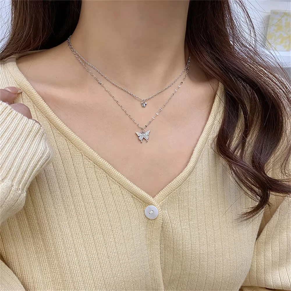 kf-Sdc004db1790f472ca98cbb5d79bb9a92P New Shiny Butterfly Necklace Ladies Exquisite Double Layer Clavicle Chain Necklace Jewelry for Ladies Gift - Image 1