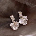 Korean White Shell Flower Drop Earrings with Zircon Crystals - Image 5