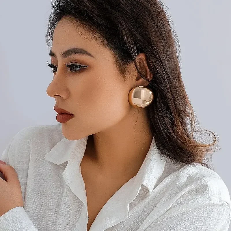 kf-Sf334181f4dc64d19aac4c4f5913d611fJ Punk Smooth Large Round Semicircle Exaggerated Metal Stud Earrings for Women Classic Gold Color Geometric Earring Ear Jewelry - Image 1